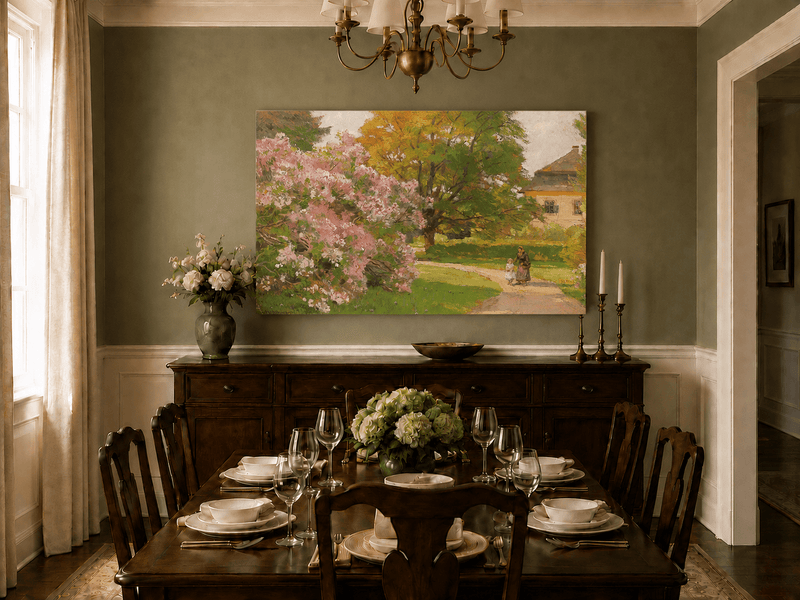 Landscape Oil Painting - Blooming Garden Path and Cottage Scene