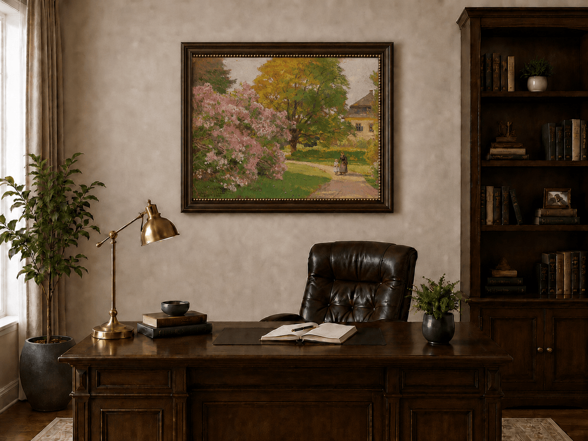 Landscape Oil Painting - Blooming Garden Path and Cottage Scene