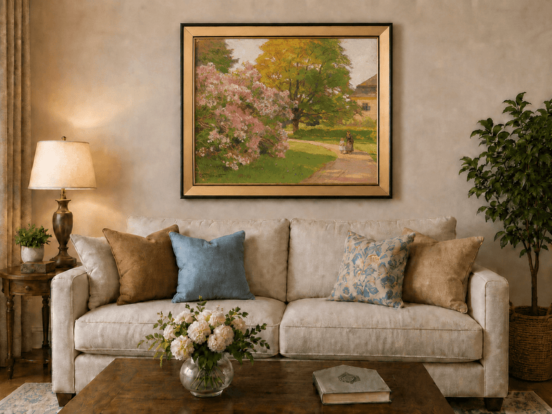 Landscape Oil Painting - Blooming Garden Path and Cottage Scene