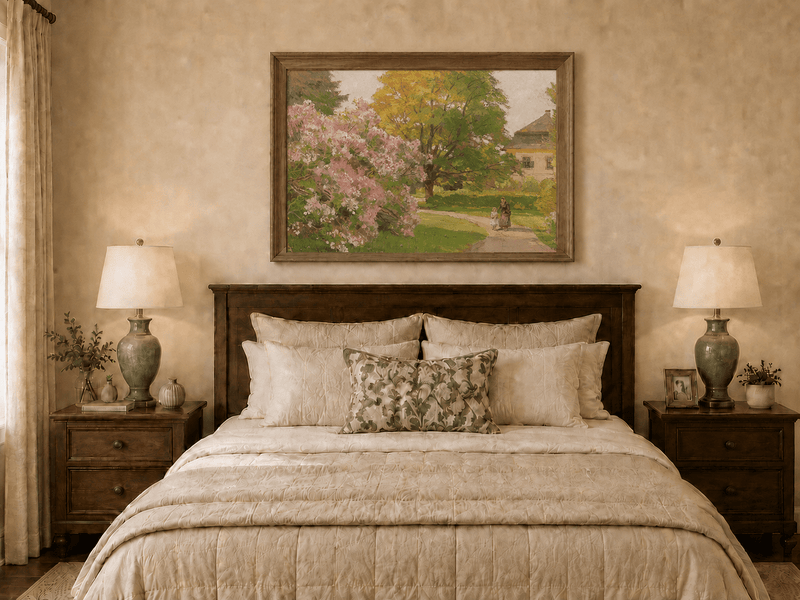 Landscape Oil Painting - Blooming Garden Path and Cottage Scene