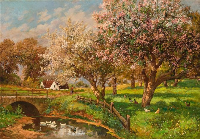 Landscape Oil Painting - Blooming Orchard by the Country Stream - Oil Painting Haven