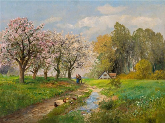 Landscape Oil Painting - Blooming Orchard Path with Cottage - Oil Painting Haven