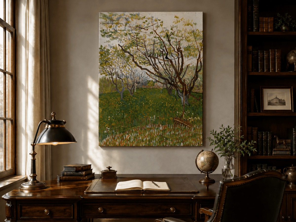Landscape Oil Painting - Blooming Orchard Trees in Spring Field