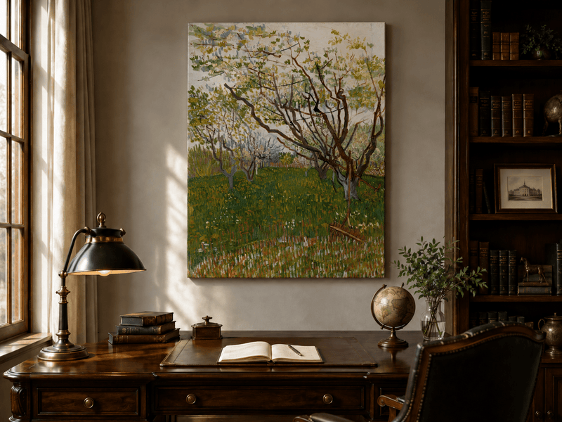 Landscape Oil Painting - Blooming Orchard Trees in Spring Field