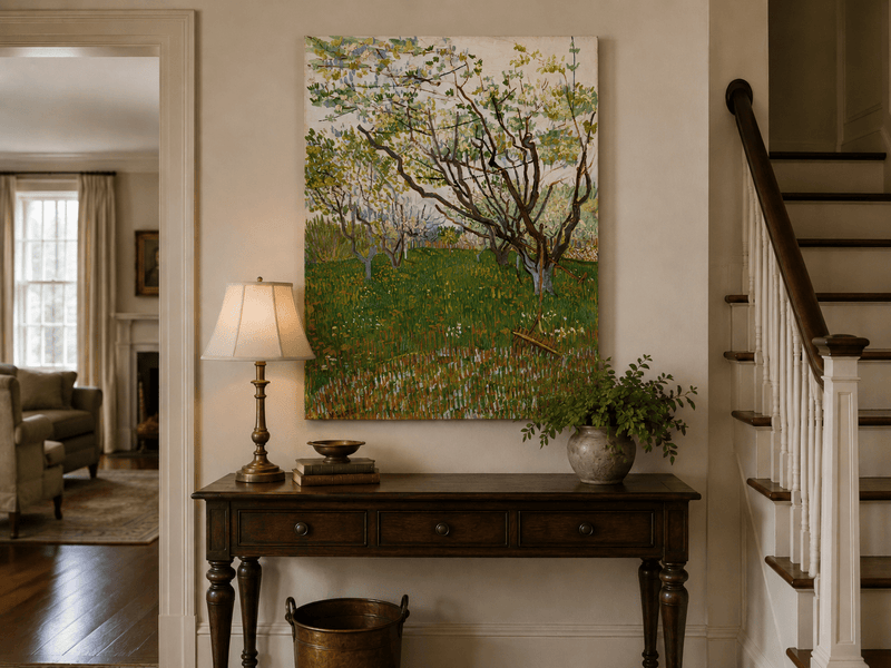 Landscape Oil Painting - Blooming Orchard Trees in Spring Field