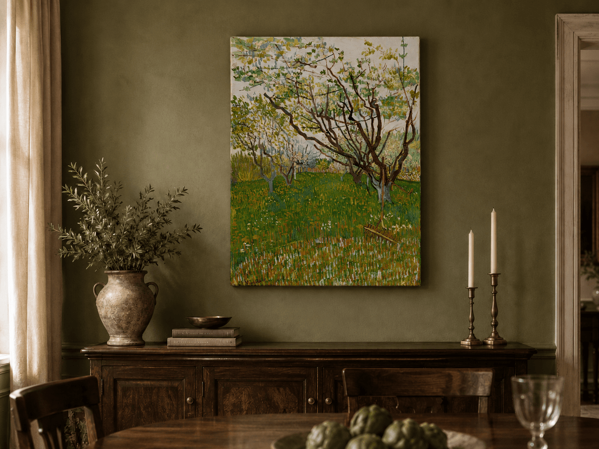 Landscape Oil Painting - Blooming Orchard Trees in Spring Field