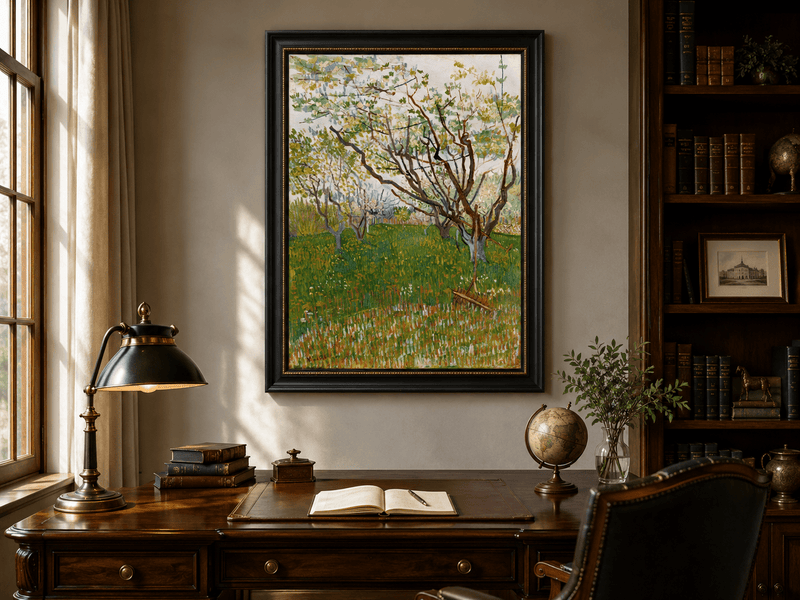 Landscape Oil Painting - Blooming Orchard Trees in Spring Field