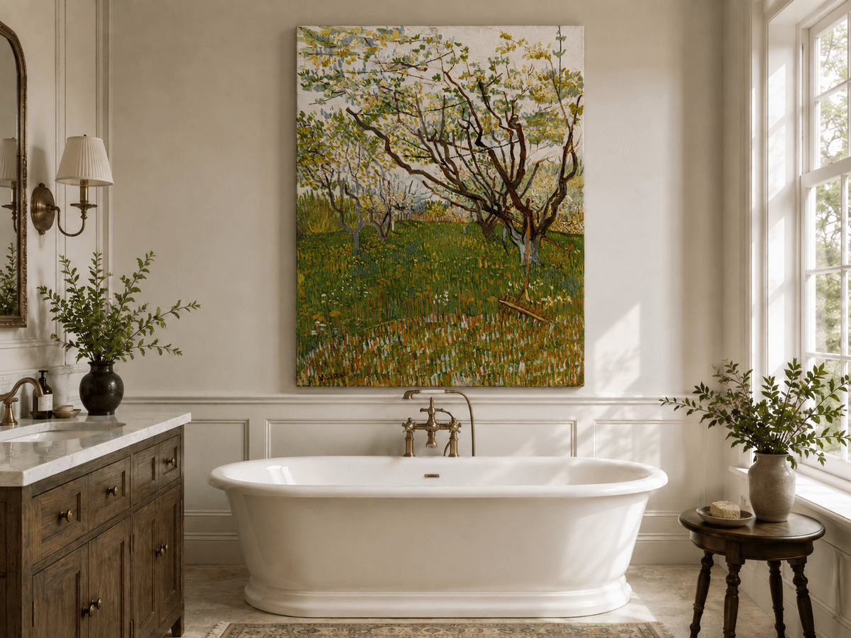 Landscape Oil Painting - Blooming Orchard Trees in Spring Field