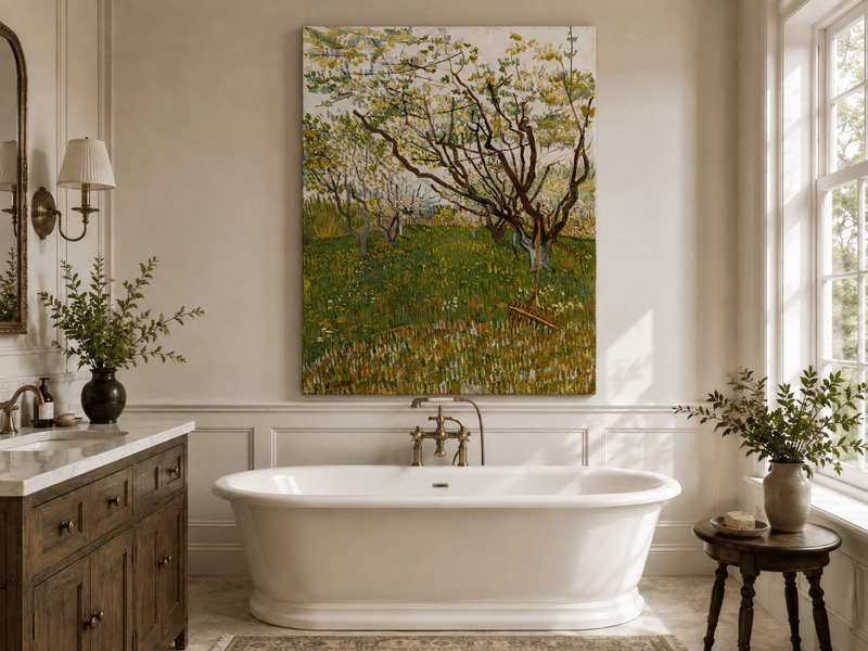 Landscape Oil Painting - Blooming Orchard Trees in Spring Field