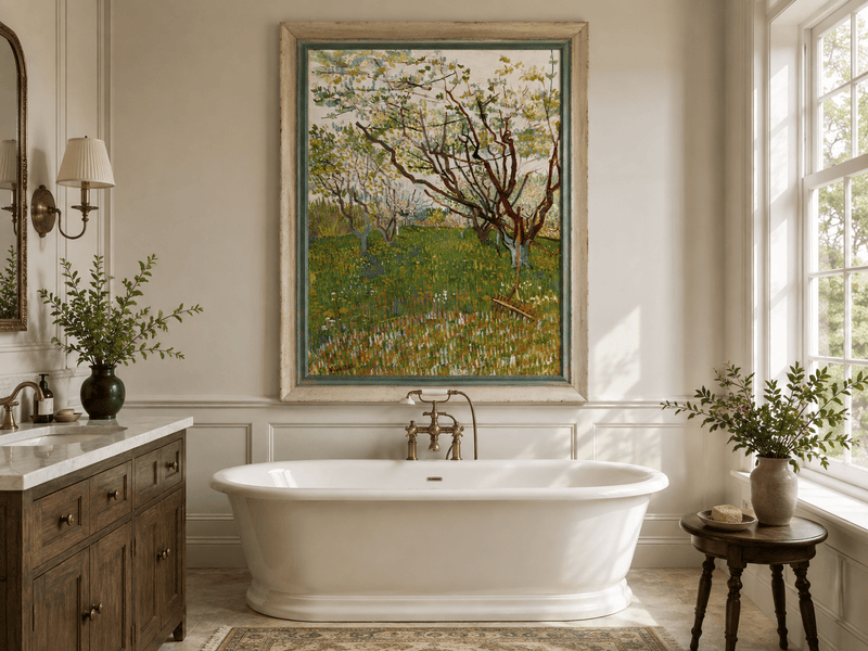 Landscape Oil Painting - Blooming Orchard Trees in Spring Field