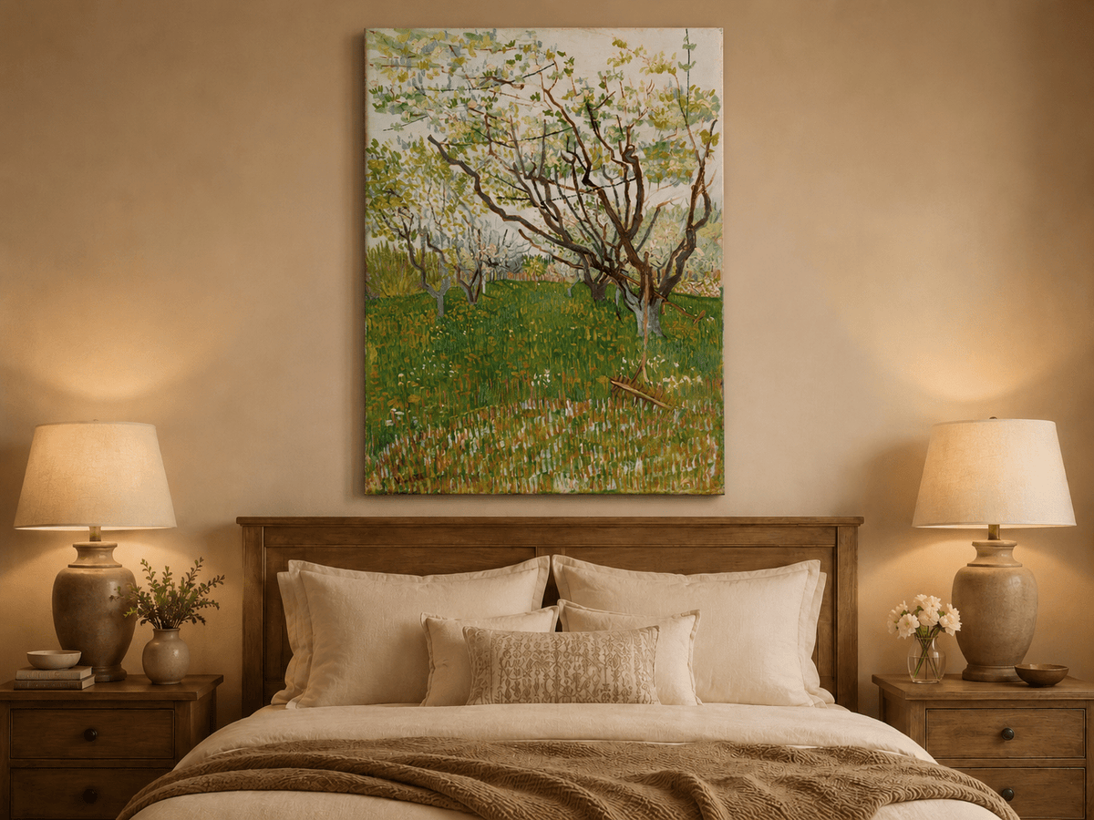Landscape Oil Painting - Blooming Orchard Trees in Spring Field