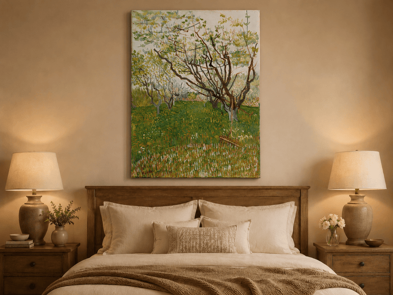 Landscape Oil Painting - Blooming Orchard Trees in Spring Field
