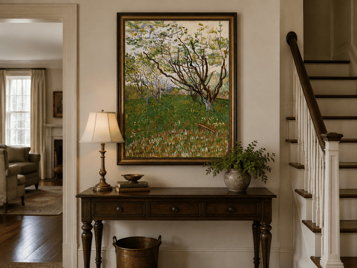 Landscape Oil Painting - Blooming Orchard Trees in Spring Field