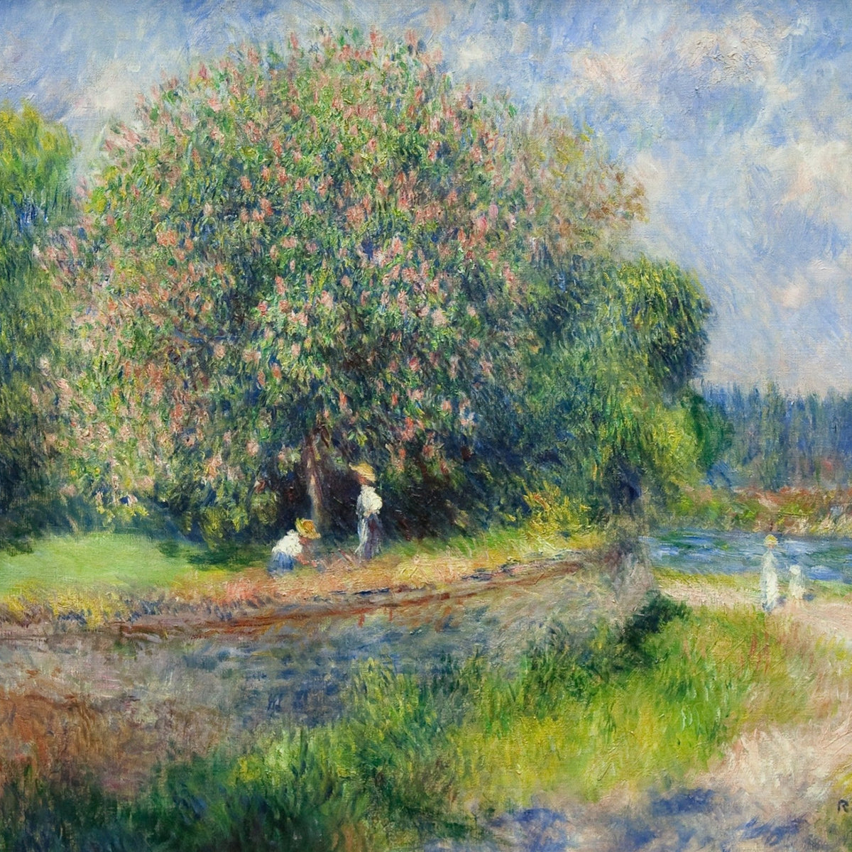 Landscape Oil Painting - Blooming Tree by River Path Scene - Oil Painting Haven