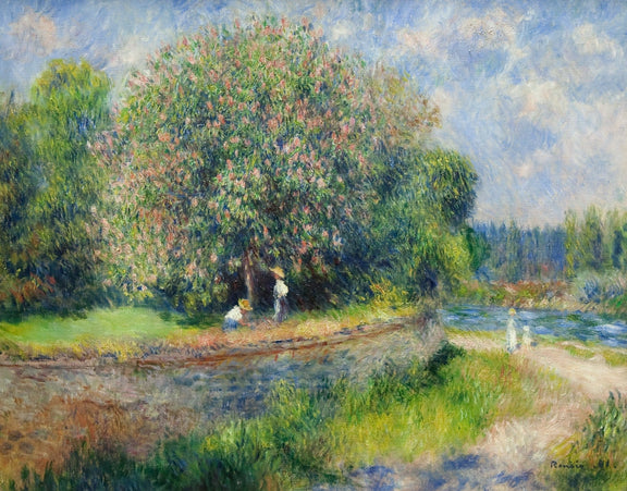 Landscape Oil Painting - Blooming Tree by River Path Scene - Oil Painting Haven
