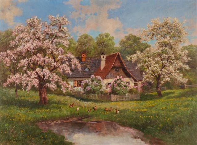Landscape Oil Painting - Blossom Cottage by a Quiet Pond - Oil Painting Haven