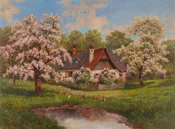 Hand-painted blossom cottage by a quiet pond landscape oil painting on canvas