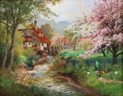 Landscape Oil Painting - Blossom Mill House by the Stream - Oil Painting Haven