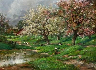 Landscape Oil Painting - Blossom Orchard by a Quiet Pond - Oil Painting Haven