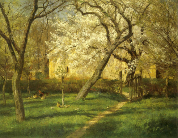 Landscape Oil Painting - Blossoming Orchard by Rustic Cottage - Oil Painting Haven