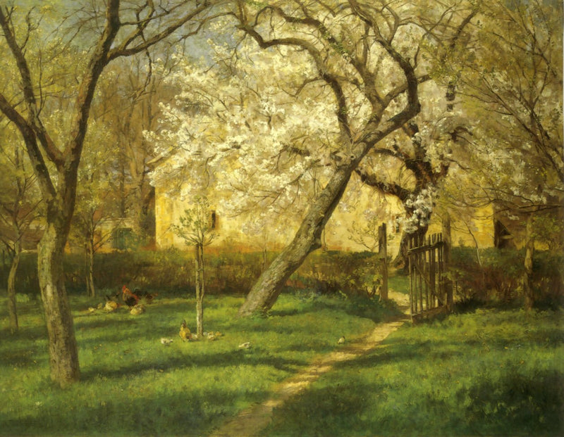 Landscape Oil Painting - Blossoming Orchard by Rustic Cottage - Oil Painting Haven