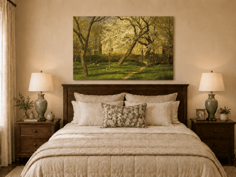 Peinture à l'huile de paysage - Rivière printanière avec pêcheur et arbres