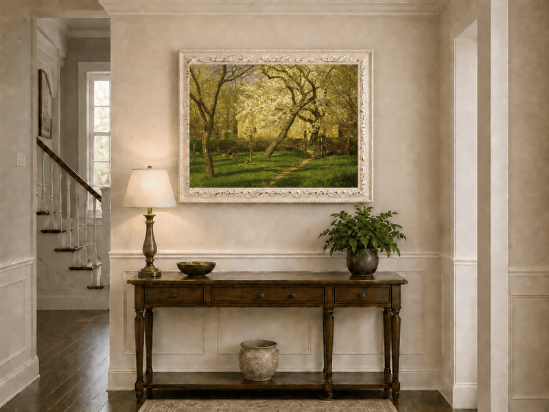Peinture à l'huile de paysage - Rivière printanière avec pêcheur et arbres