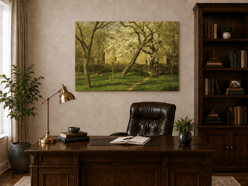Peinture à l'huile de paysage - Rivière printanière avec pêcheur et arbres