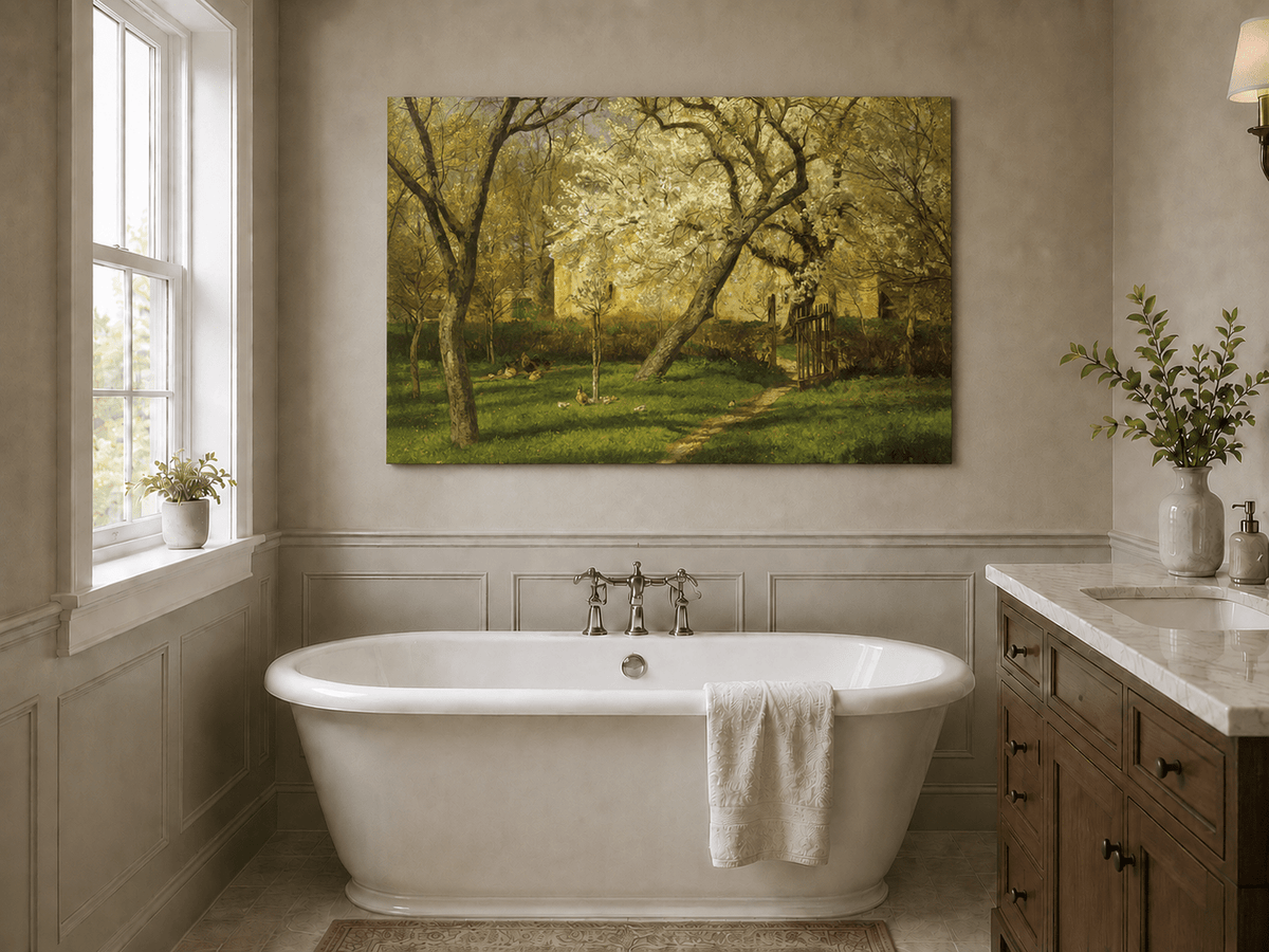 Peinture à l'huile de paysage - Rivière printanière avec pêcheur et arbres