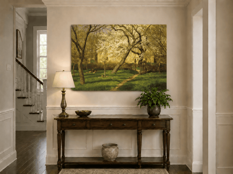 Peinture à l'huile de paysage - Rivière printanière avec pêcheur et arbres