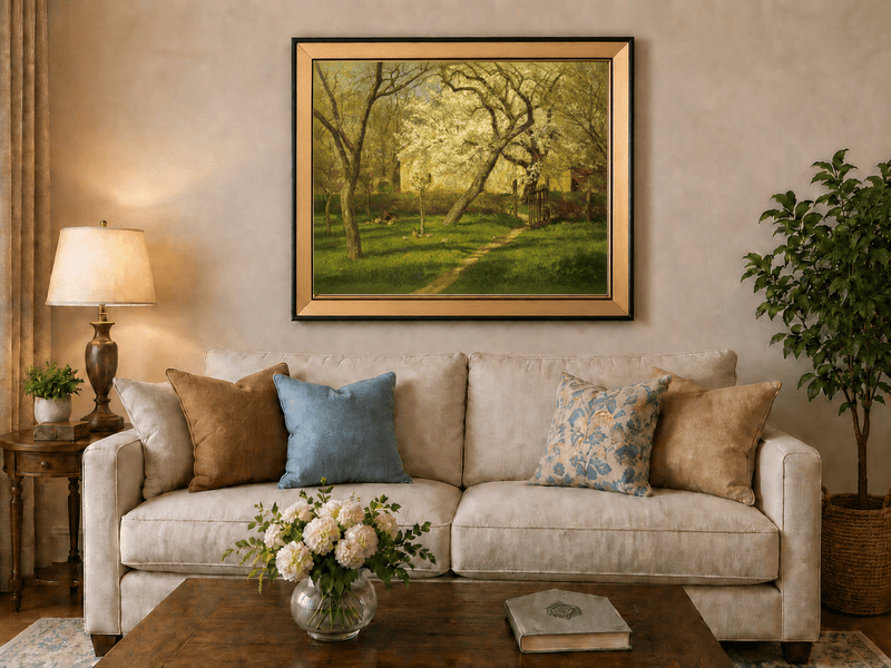Peinture à l'huile de paysage - Rivière printanière avec pêcheur et arbres