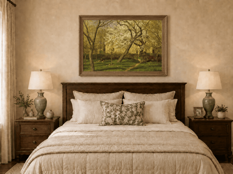 Peinture à l'huile de paysage - Rivière printanière avec pêcheur et arbres