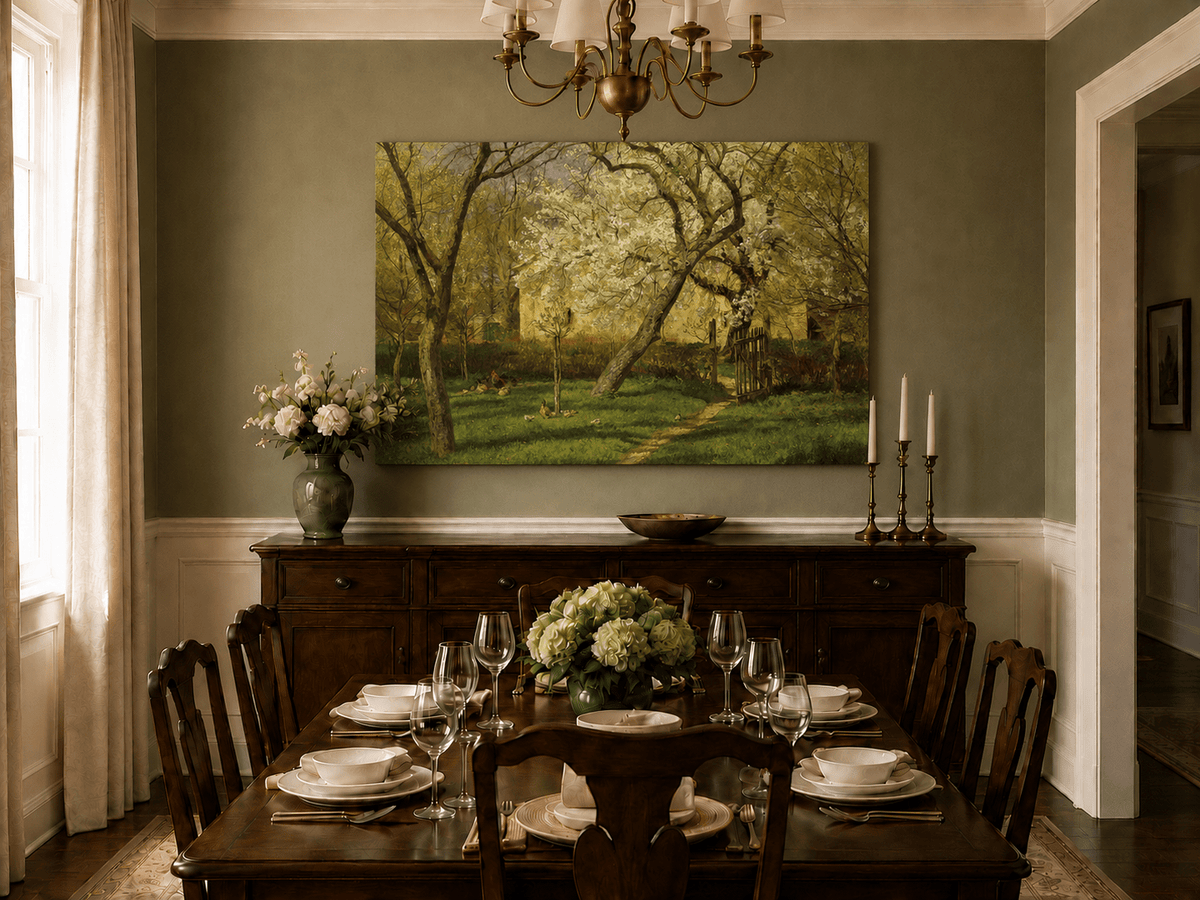Peinture à l'huile de paysage - Rivière printanière avec pêcheur et arbres