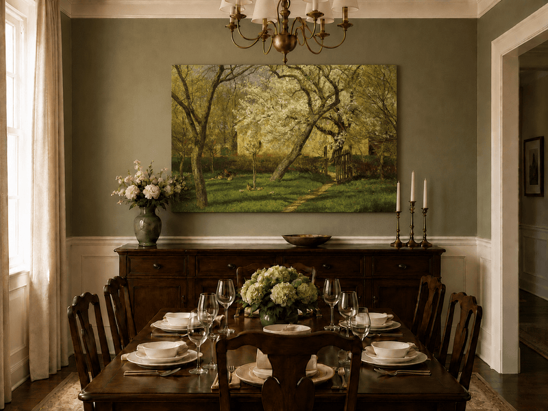 Peinture à l'huile de paysage - Rivière printanière avec pêcheur et arbres