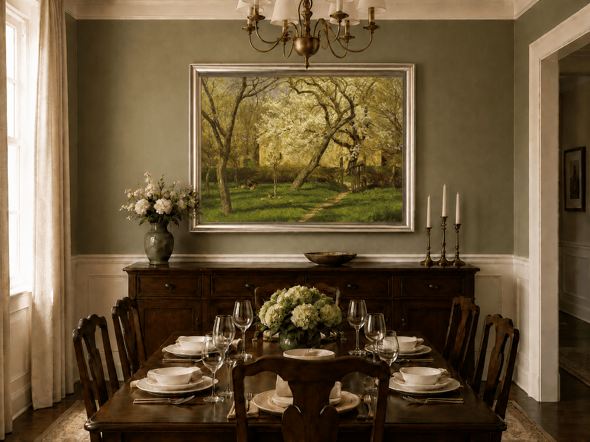 Peinture à l'huile de paysage - Rivière printanière avec pêcheur et arbres