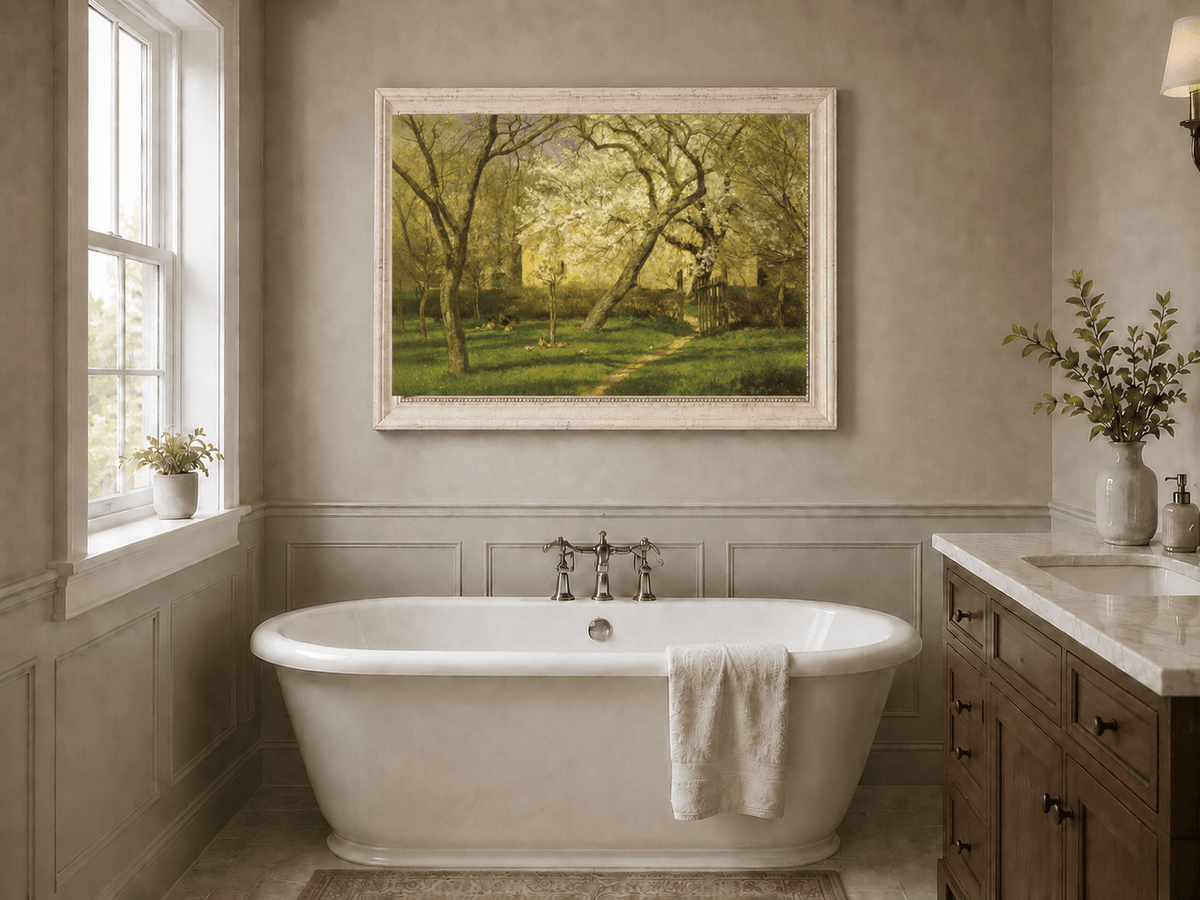 Peinture à l'huile de paysage - Rivière printanière avec pêcheur et arbres
