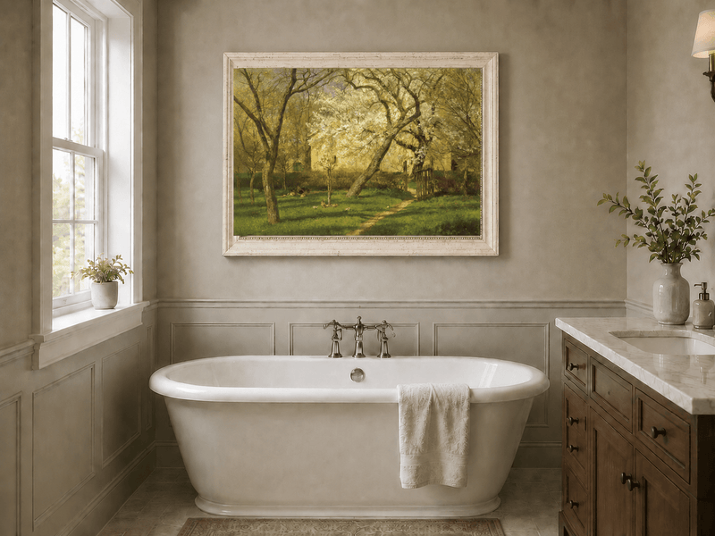 Peinture à l'huile de paysage - Rivière printanière avec pêcheur et arbres