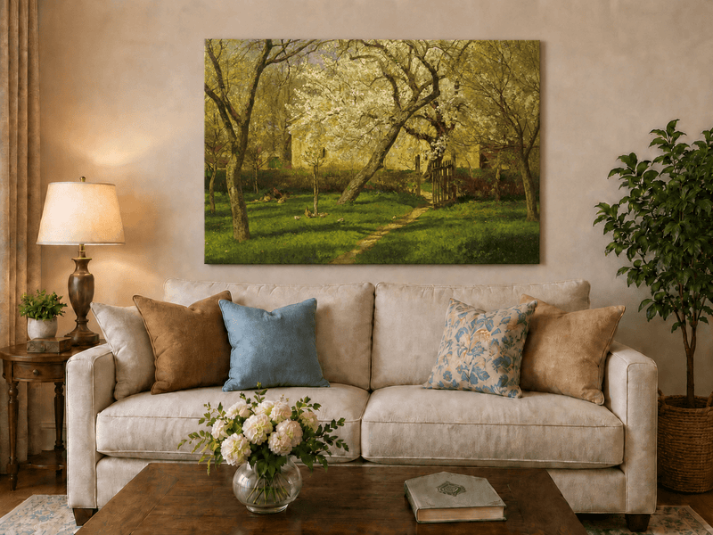Peinture à l'huile de paysage - Rivière printanière avec pêcheur et arbres
