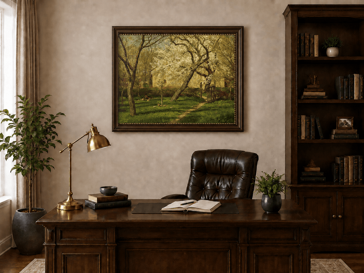 Peinture à l'huile de paysage - Rivière printanière avec pêcheur et arbres