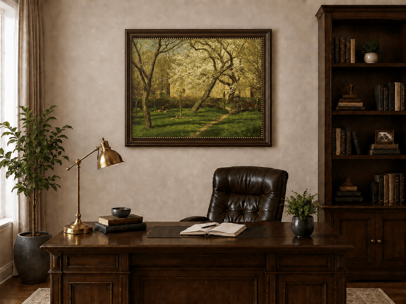 Peinture à l'huile de paysage - Rivière printanière avec pêcheur et arbres