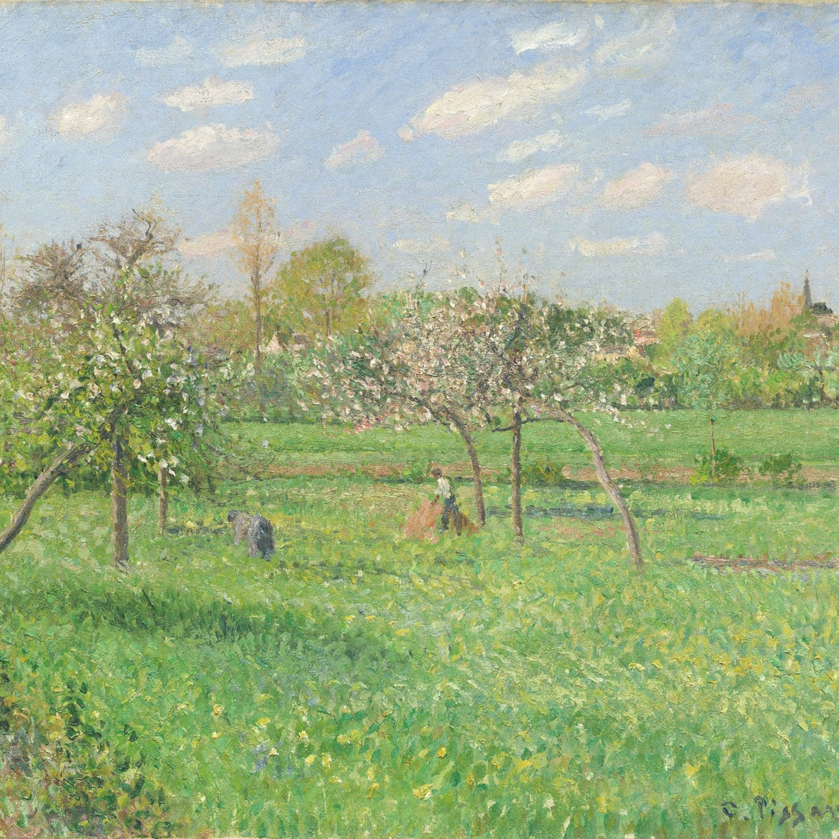 Landschaftsgemälde in Öl – Winterliche Flusslandschaft mit Figuren und Pferden