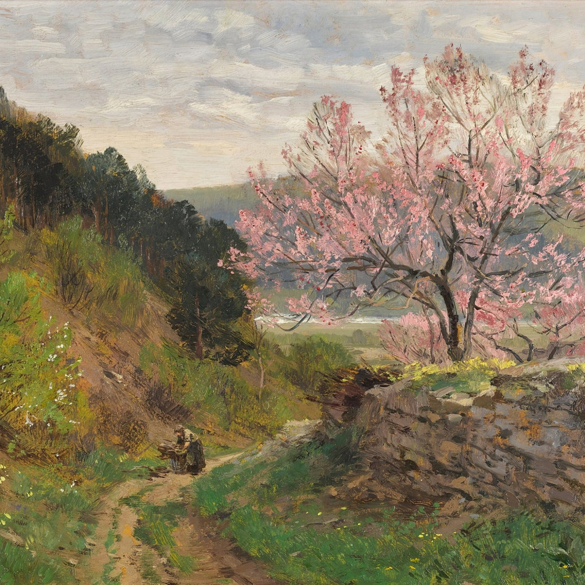Hand-painted blossoming tree on a hillside path landscape oil painting on canvas