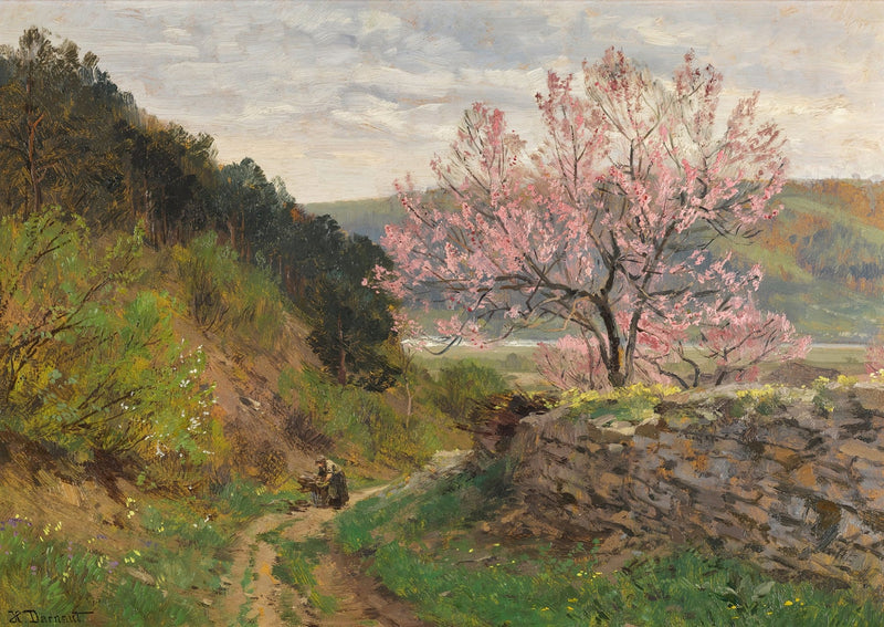 Hand-painted blossoming tree on a hillside path landscape oil painting on canvas