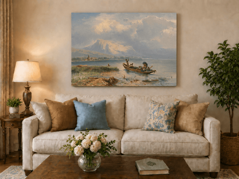 Pintura al óleo de paisaje - Barco en un lago tranquilo con vista a la montaña