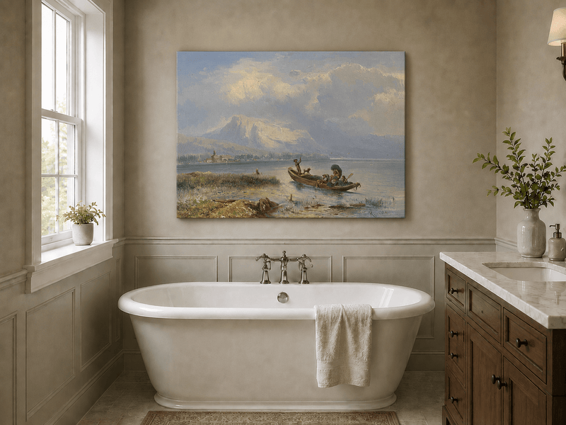 Pintura al óleo de paisaje - Barco en un lago tranquilo con vista a la montaña