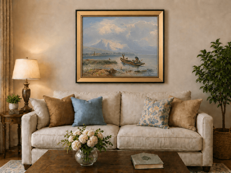 Pintura al óleo de paisaje - Barco en un lago tranquilo con vista a la montaña