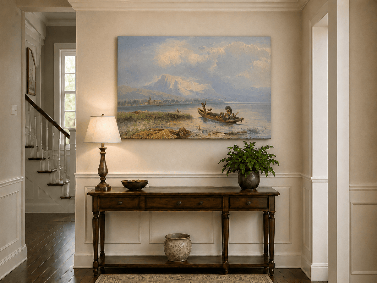 Pintura al óleo de paisaje - Barco en un lago tranquilo con vista a la montaña