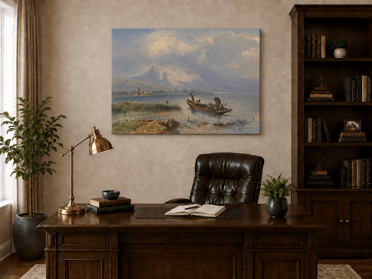 Pintura al óleo de paisaje - Barco en un lago tranquilo con vista a la montaña