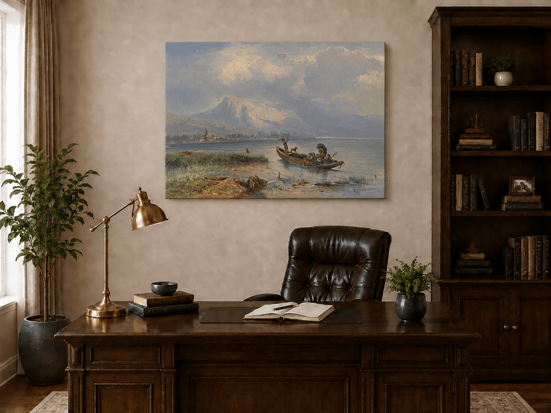 Pintura al óleo de paisaje - Barco en un lago tranquilo con vista a la montaña
