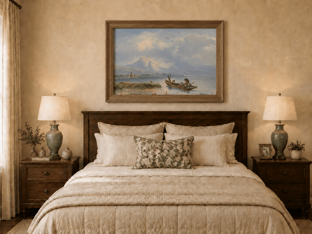Pintura al óleo de paisaje - Barco en un lago tranquilo con vista a la montaña